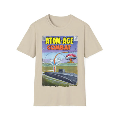 Close-up of the Atom-Age Combat No.2 T-Shirt’s neck tag with stitching details and fabric texture in heather gray linen