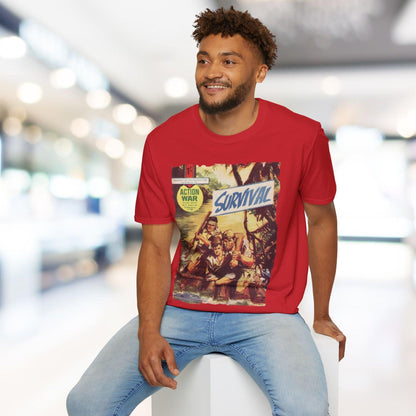 Front neckline detail of the unisex cotton blend relaxed-fit T-shirt in vibrant Action War #14 graphic print, showcasing