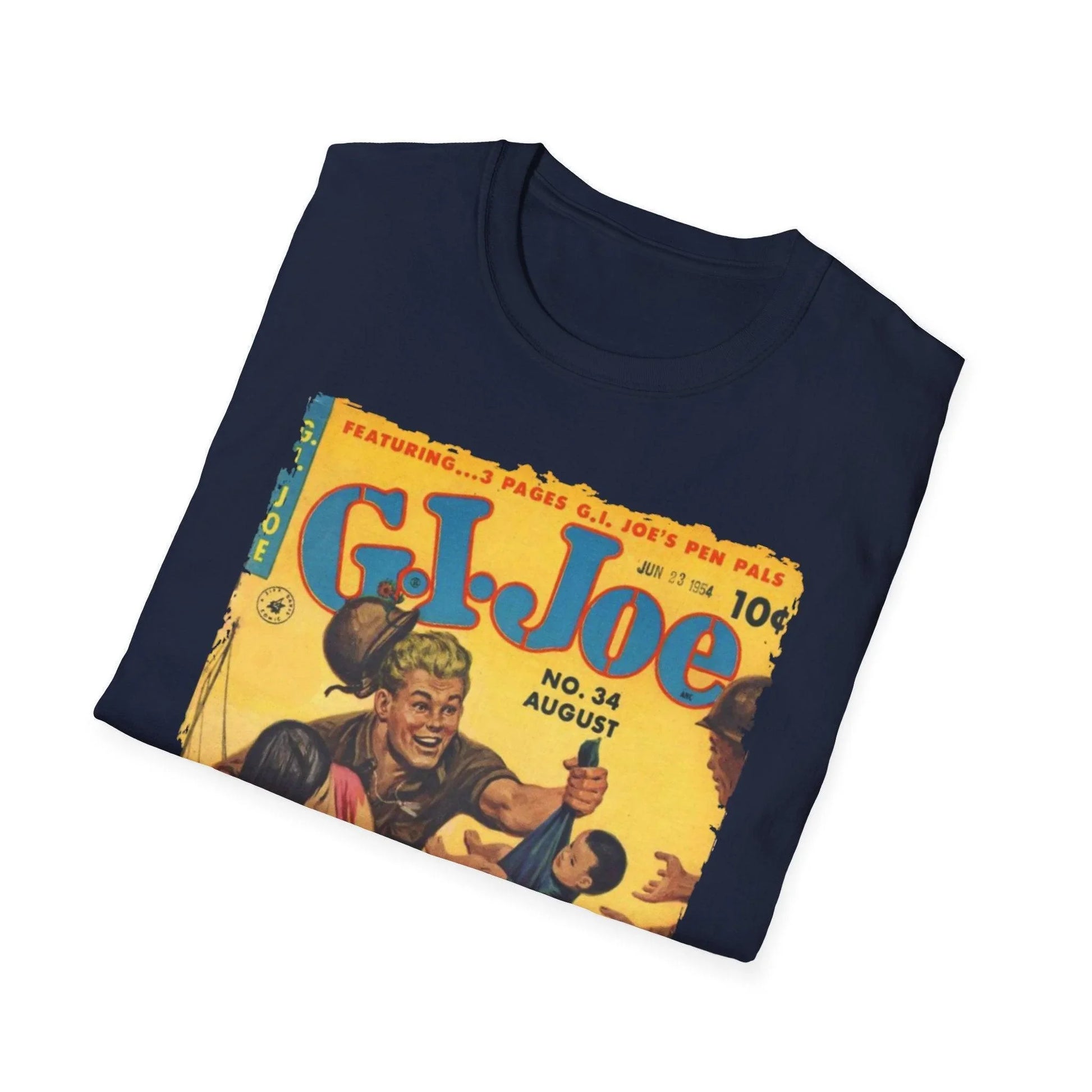 Close-up of G.I. Joe No.34 unisex softstyle T-shirt’s relaxed fit and vibrant navy color highlighting the cotton-polyester