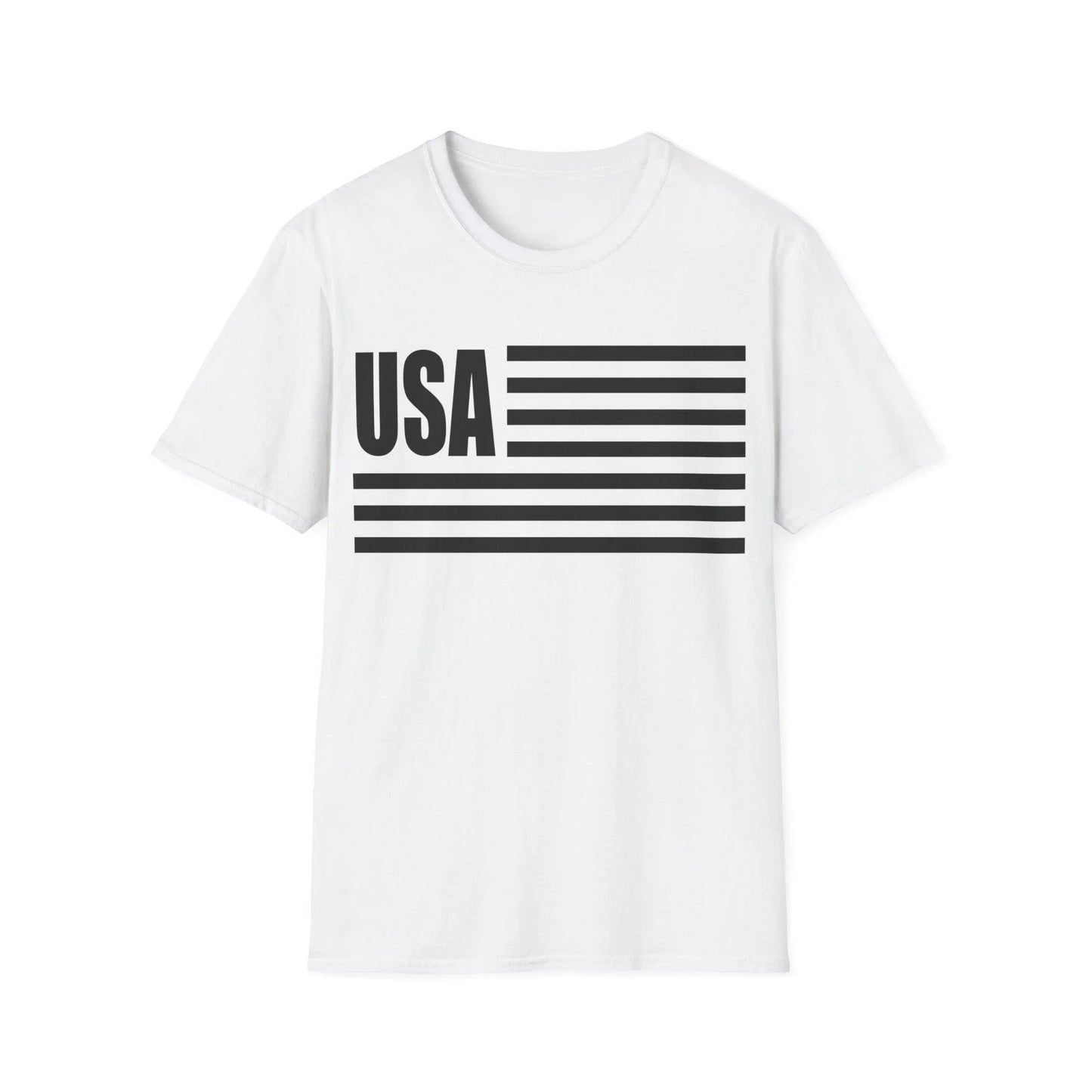 Close-up of the American Flag B&W print on the chest, showcasing crisp fabric texture and detailed star and stripe pattern.