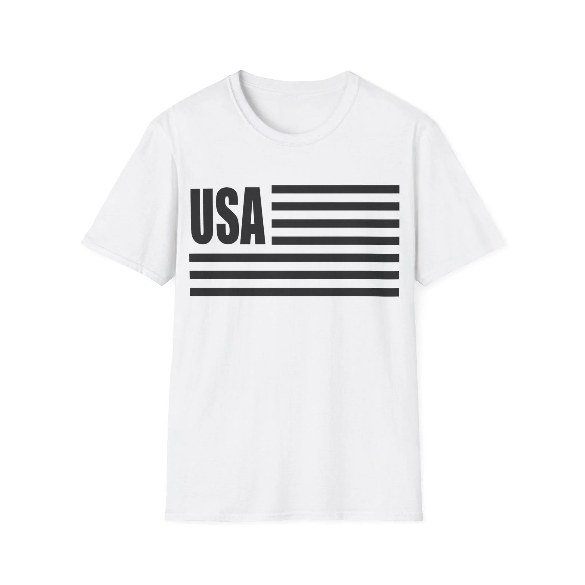 Close-up of the American Flag B&W print on the chest, showcasing crisp fabric texture and detailed star and stripe pattern.