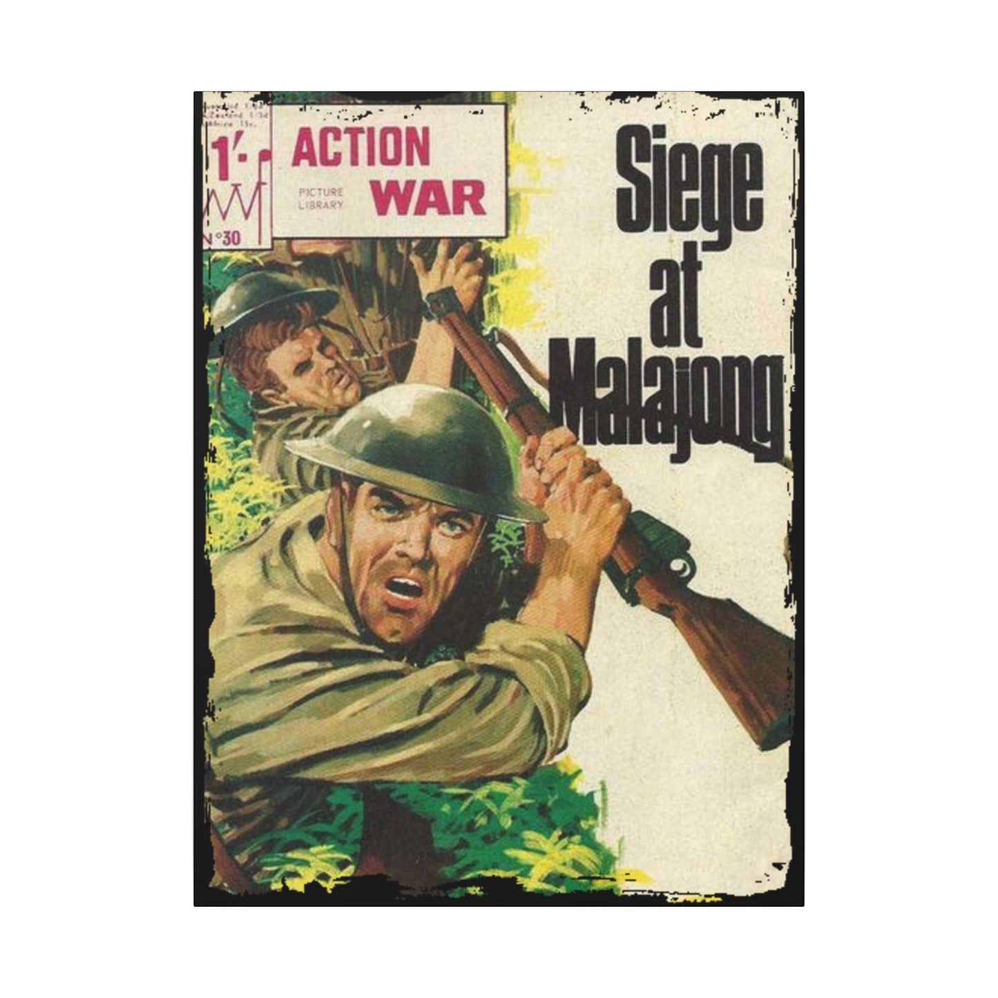 Close-up of the canvas surface highlighting textured brushstrokes and vibrant color details in Action War #30 artwork.