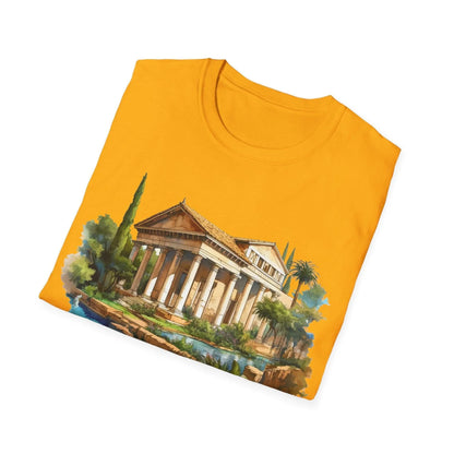 Close-up of the unisex softstyle T-shirt’s subtle heathered navy fabric and stitched neckline detail from a slight overhead