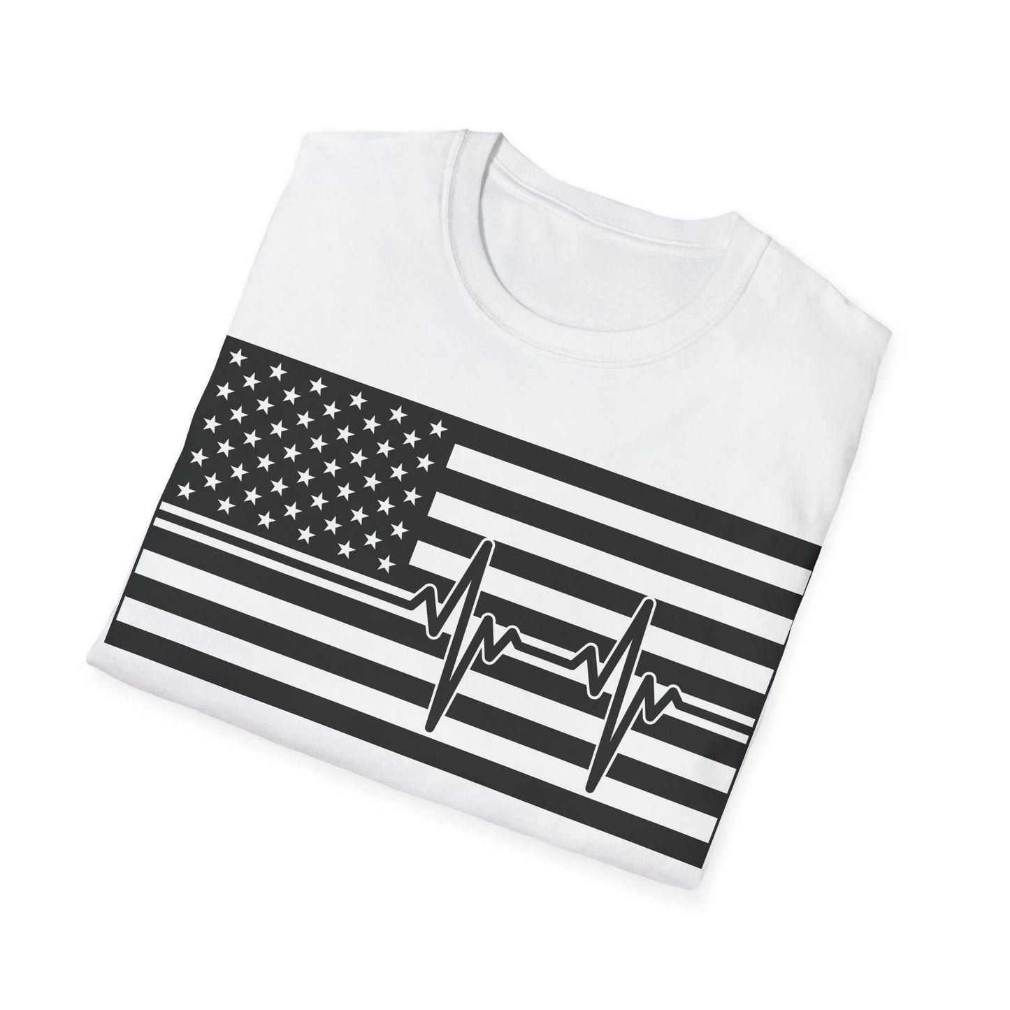 Close-up of the black and white American Flag Heartbeat design on the chest area highlighting crisp print edges and fabric