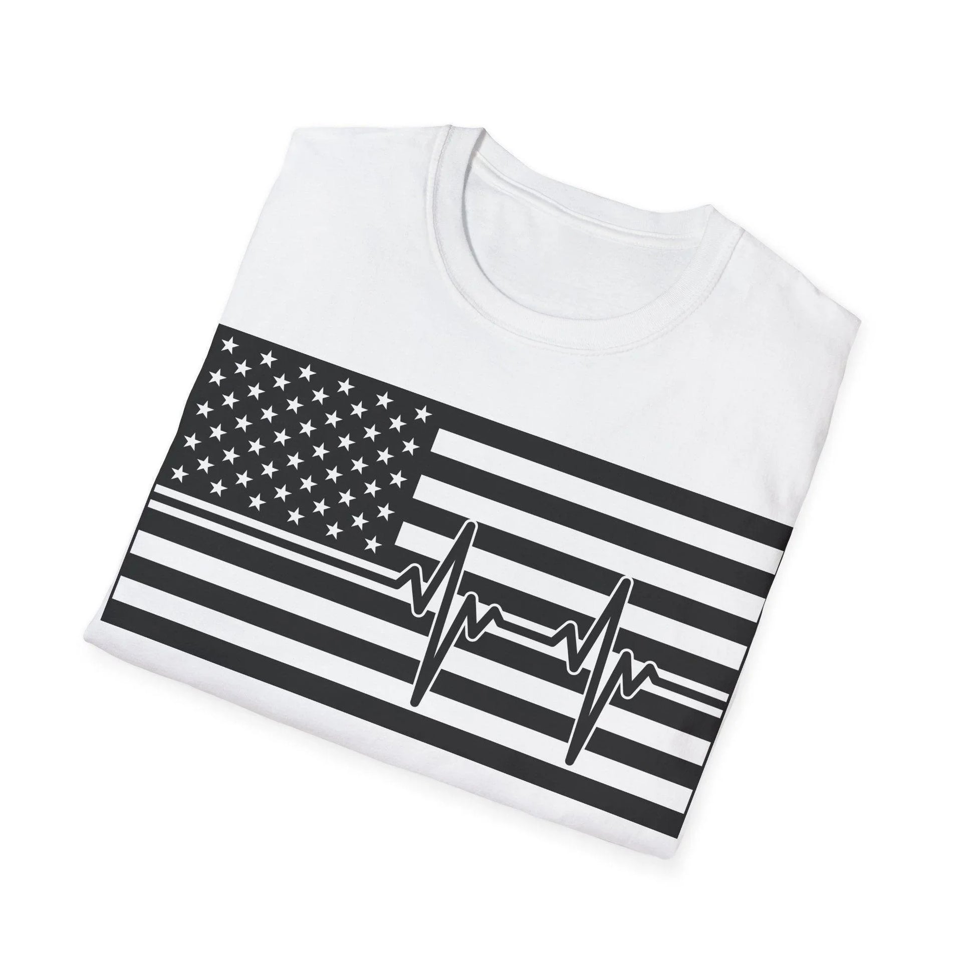 Close-up of the black and white American Flag Heartbeat design on the chest area highlighting crisp print edges and fabric