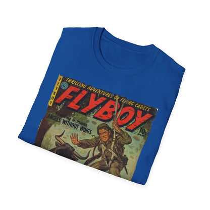Close-up of the Flyboy No.1 unisex softstyle T-shirt's neck stitching and smooth cotton fabric in vibrant black color.