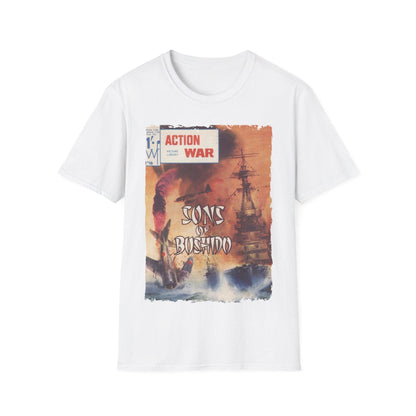 Close-up of the unisex softstyle fabric showing smooth texture and relaxed fit, highlighting the vibrant navy color and crew