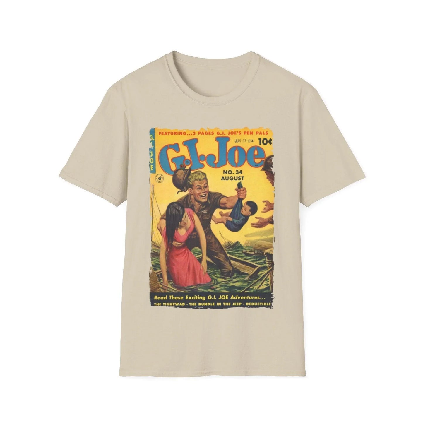 Close-up of the G.I. Joe No.34 unisex cotton softstyle T-shirt’s reinforced neckline and smooth fabric surface from a
