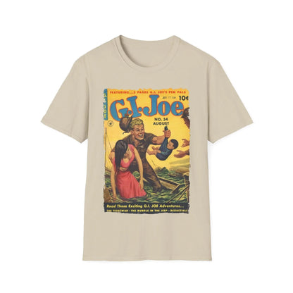 Close-up of the G.I. Joe No.34 unisex cotton softstyle T-shirt’s reinforced neckline and smooth fabric surface from a