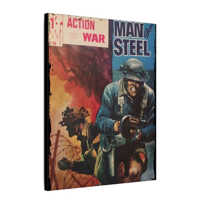 Close-up of the vintage "Action War #25" comic cover on canvas, highlighting bold yellow and red lettering and distressed