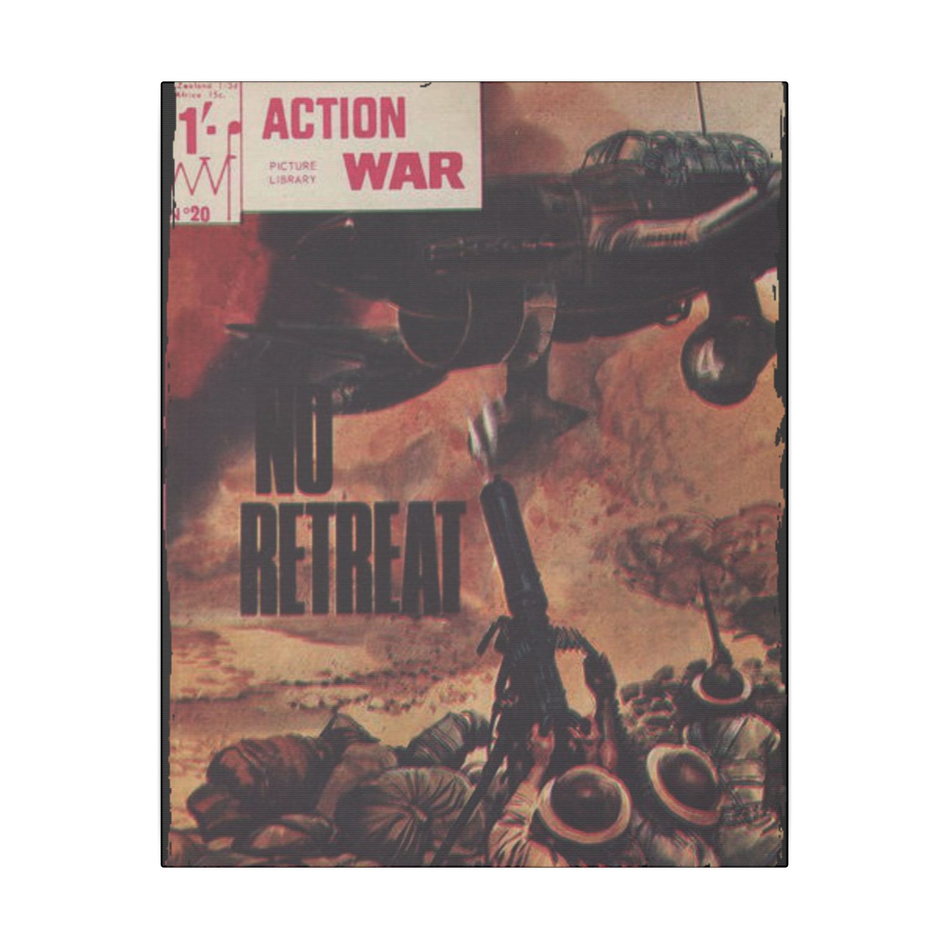 Close-up of the vintage-style "Action War #20" title lettering on textured canvas, highlighting bold black font and