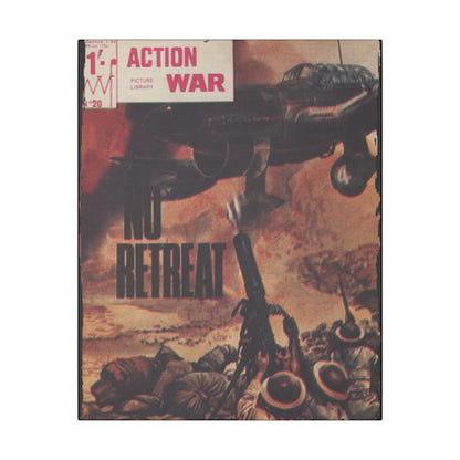 Close-up of the vintage-style "Action War #20" title lettering on textured canvas, highlighting bold black font and