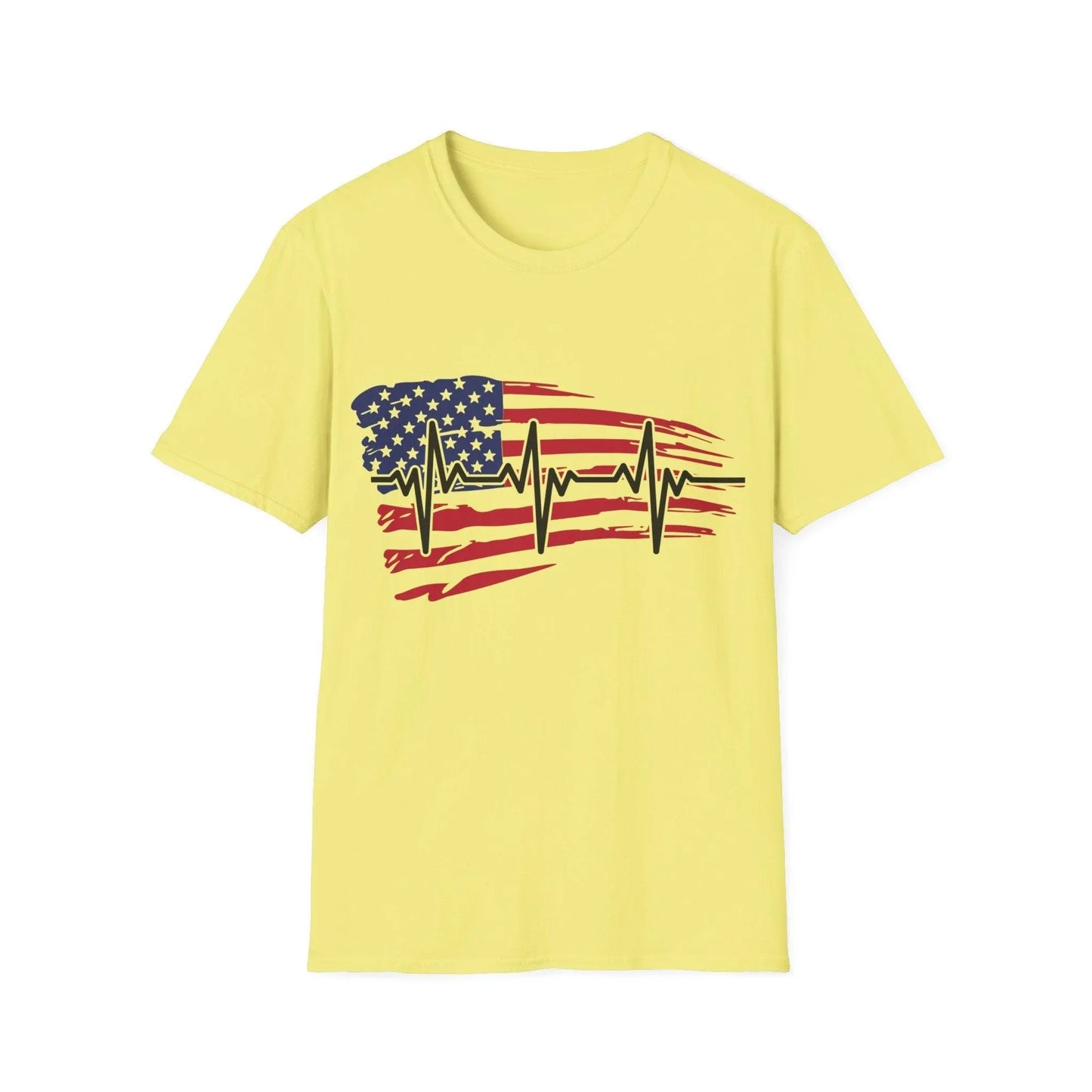 Close-up of the distressed flag heartbeat graphic detail on the unisex softstyle T-shirt front, showcasing vibrant colors