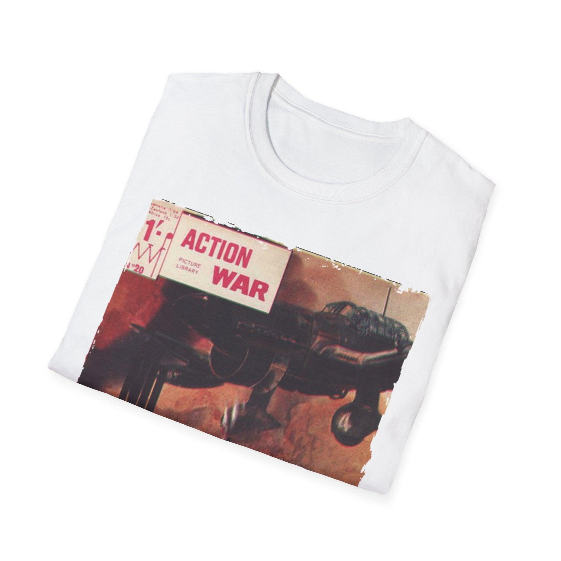 Close-up of the unisex softstyle T-shirt's relaxed fit collar and subtle fabric texture in vibrant crimson color from a