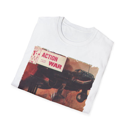 Close-up of the unisex softstyle T-shirt's relaxed fit collar and subtle fabric texture in vibrant crimson color from a