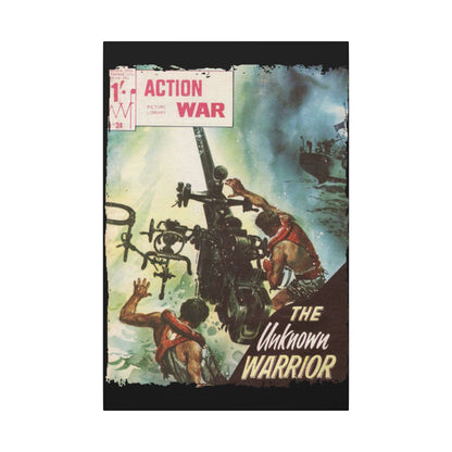 Close-up of "Action War #24" comic cover highlighting vibrant colors and detailed ink work from an upward angle