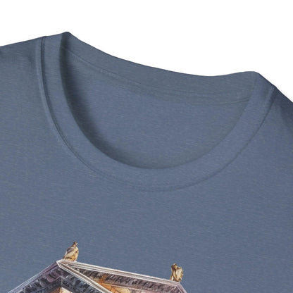 Close-up of the pale blue, unisex relaxed fit T-shirt neckline highlighting soft cotton fabric and stitching detail at the