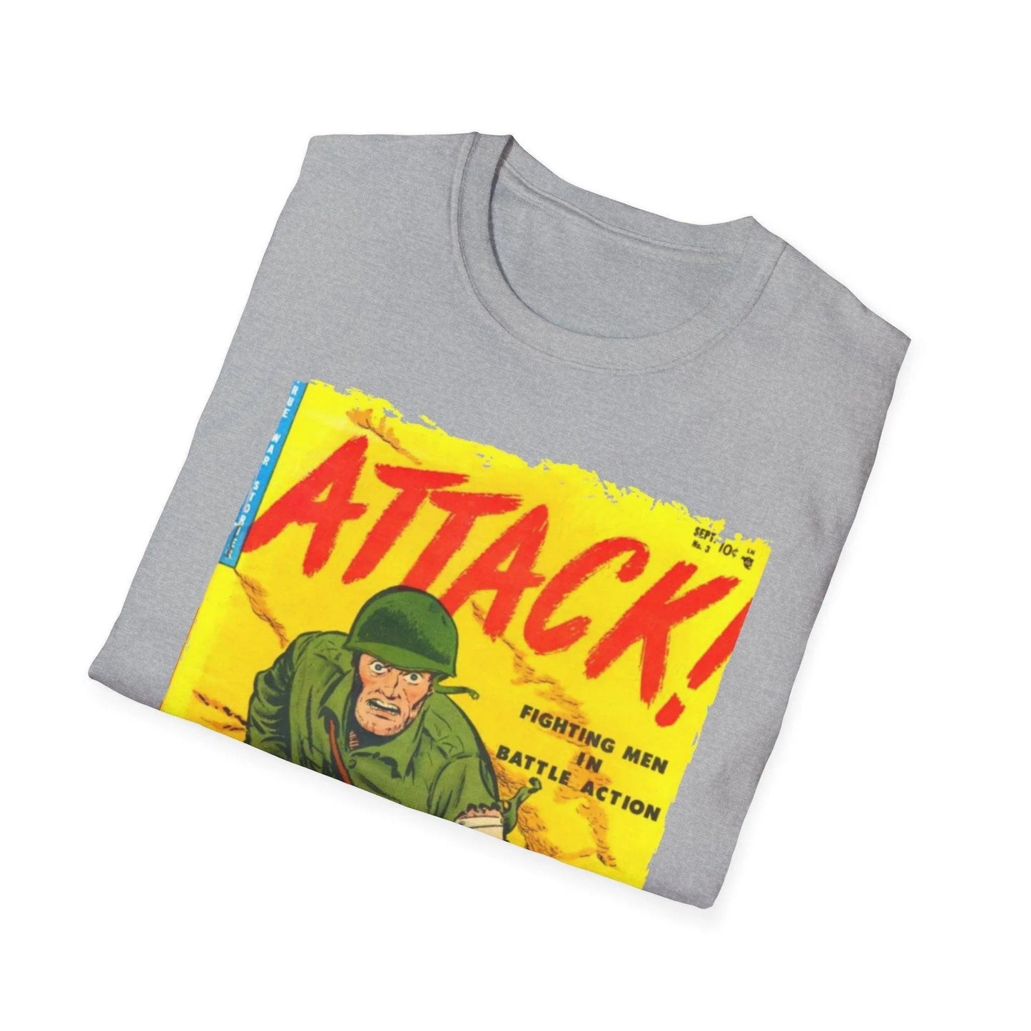 Close-up of the soft, heather gray fabric showing subtle texture and slim fit stitching detail on the Attack! Sept 1952