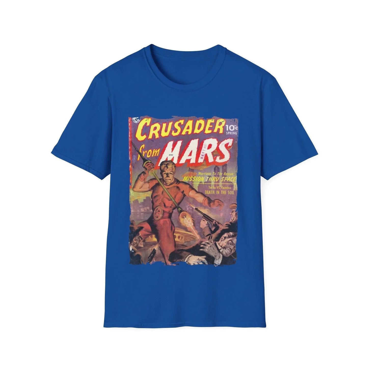 Close-up of the Crusader from Mars T-shirt’s soft cotton fabric with a focus on the relaxed fit and vibrant galaxy print