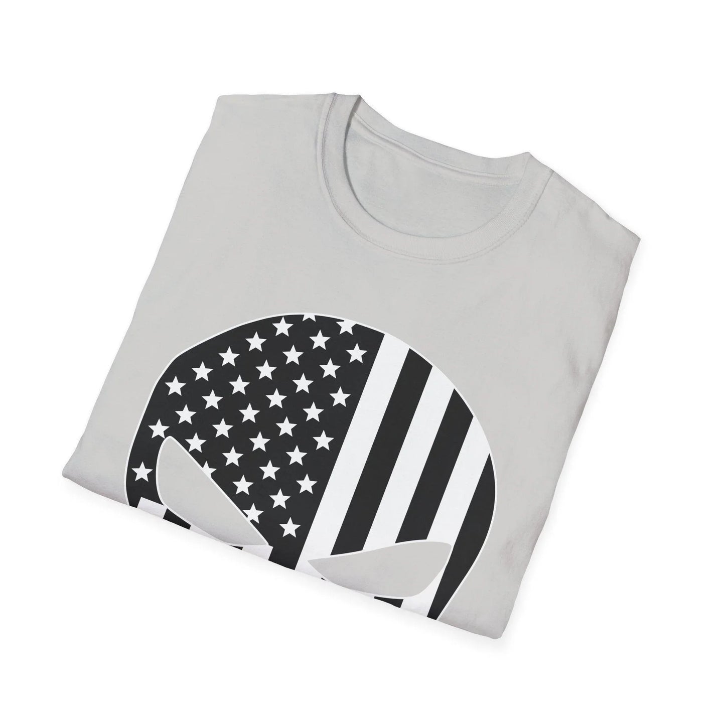 Close-up of the American Skull Flag B&W unisex softstyle T-shirt's neck and shoulder seam displaying smooth fabric texture