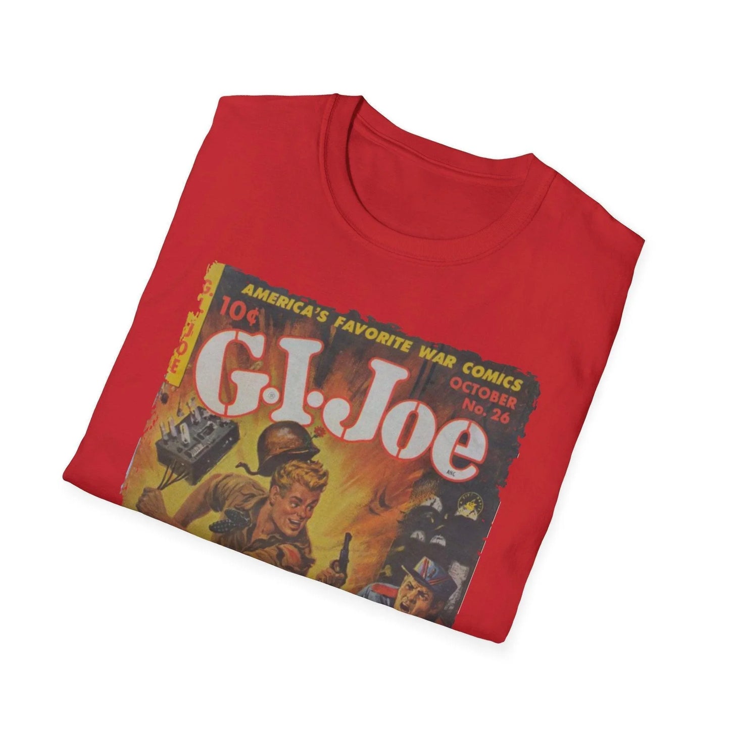 Close-up of the G.I. Joe No.26 T-shirt neckline displaying soft fabric texture and reinforced stitching on a white