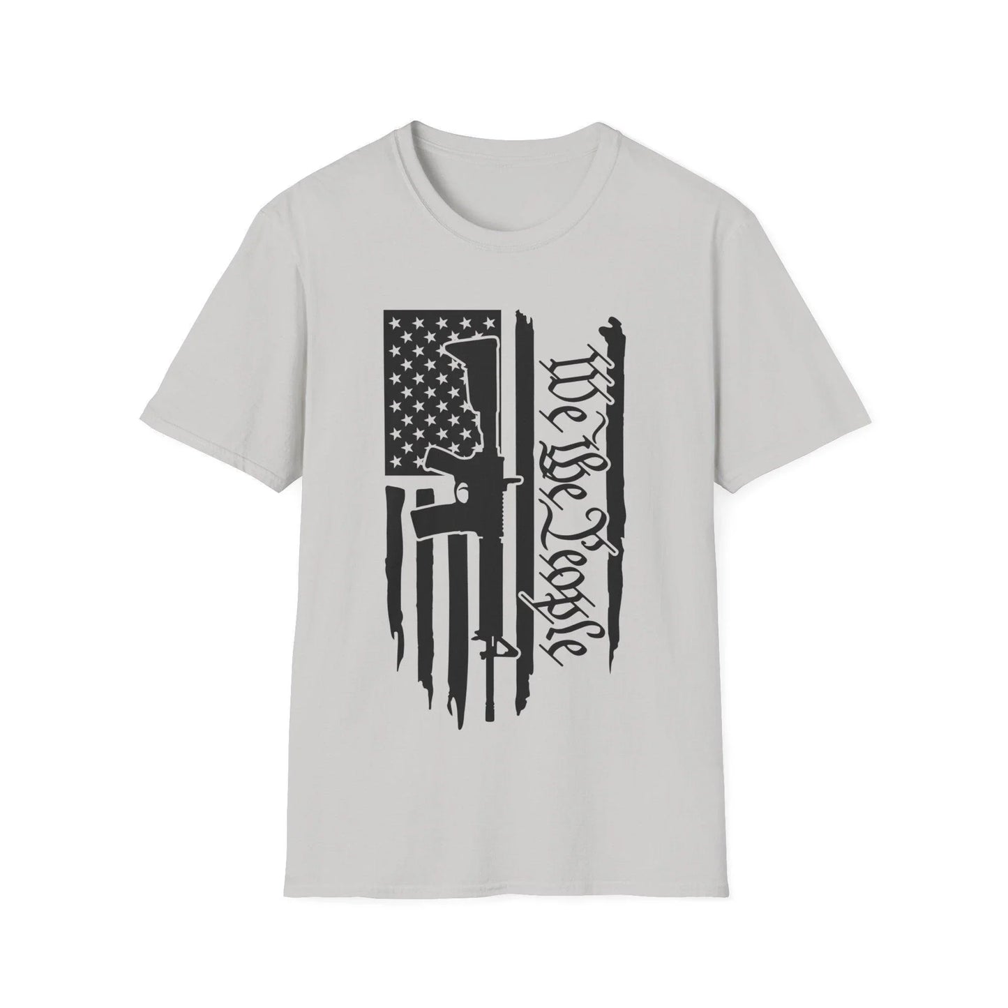 Close-up of the distressed black-and-white American flag graphic on soft cotton fabric, highlighting the vintage textured