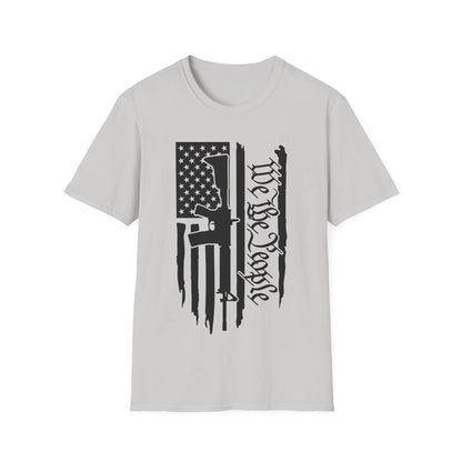 Close-up of the distressed black-and-white American flag graphic on soft cotton fabric, highlighting the vintage textured