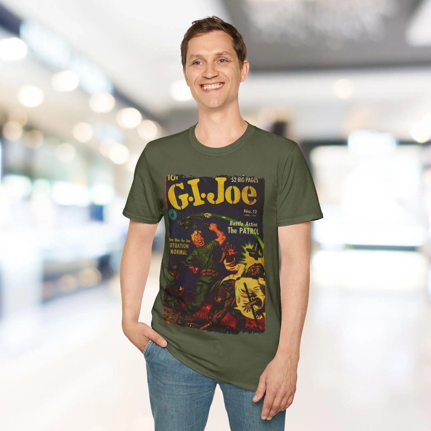 Close-up of the G.I. Joe No.12 softstyle T-shirt fabric showing smooth, untextured cotton blend in vibrant navy color at