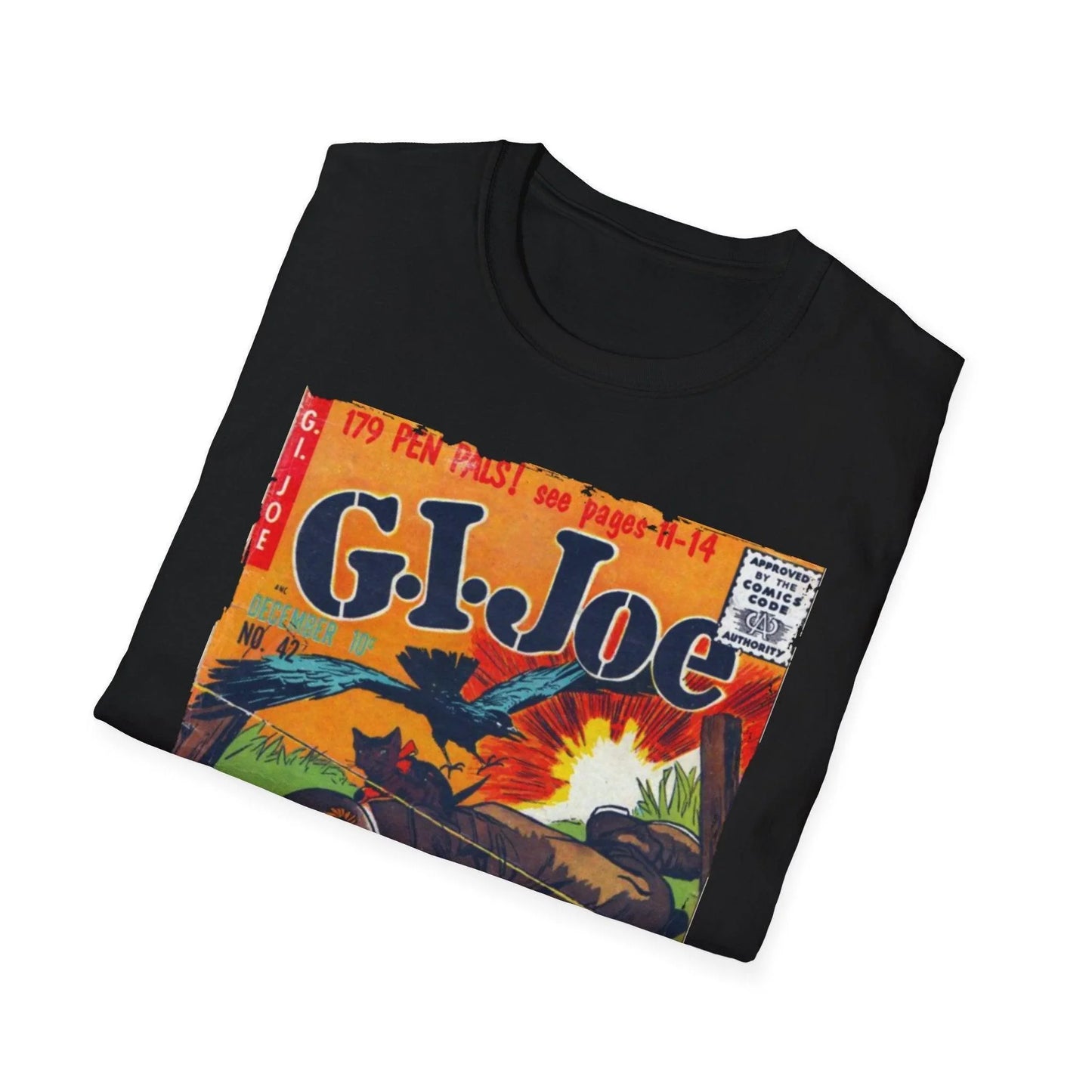 Close-up of G.I. Joe No.42 unisex softstyle T-shirt fabric with visible navy color and ribbed neckline detail at a slight
