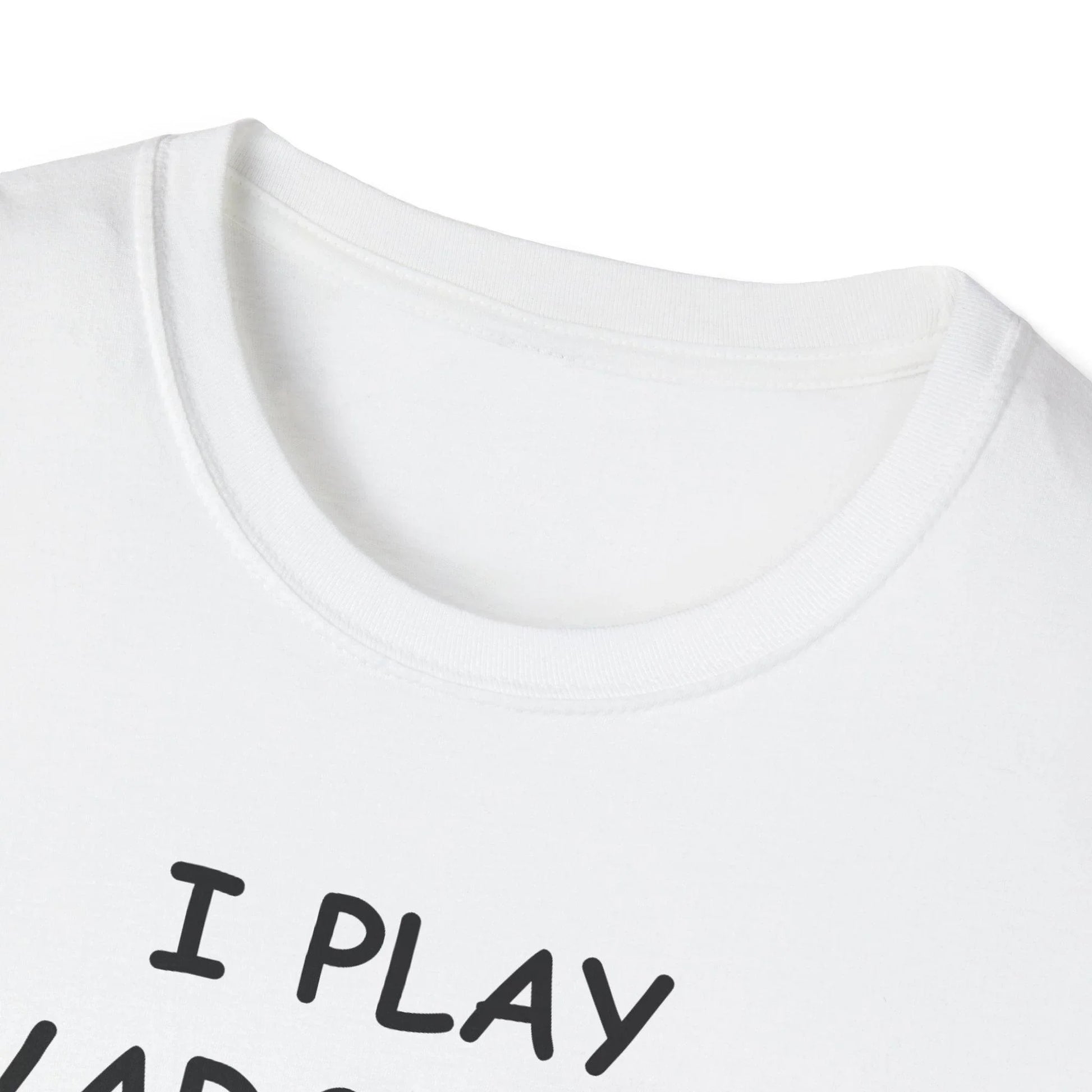 Close-up of the black unisex Softstyle T-shirt's neckline and stitched hem detail from a slight overhead angle