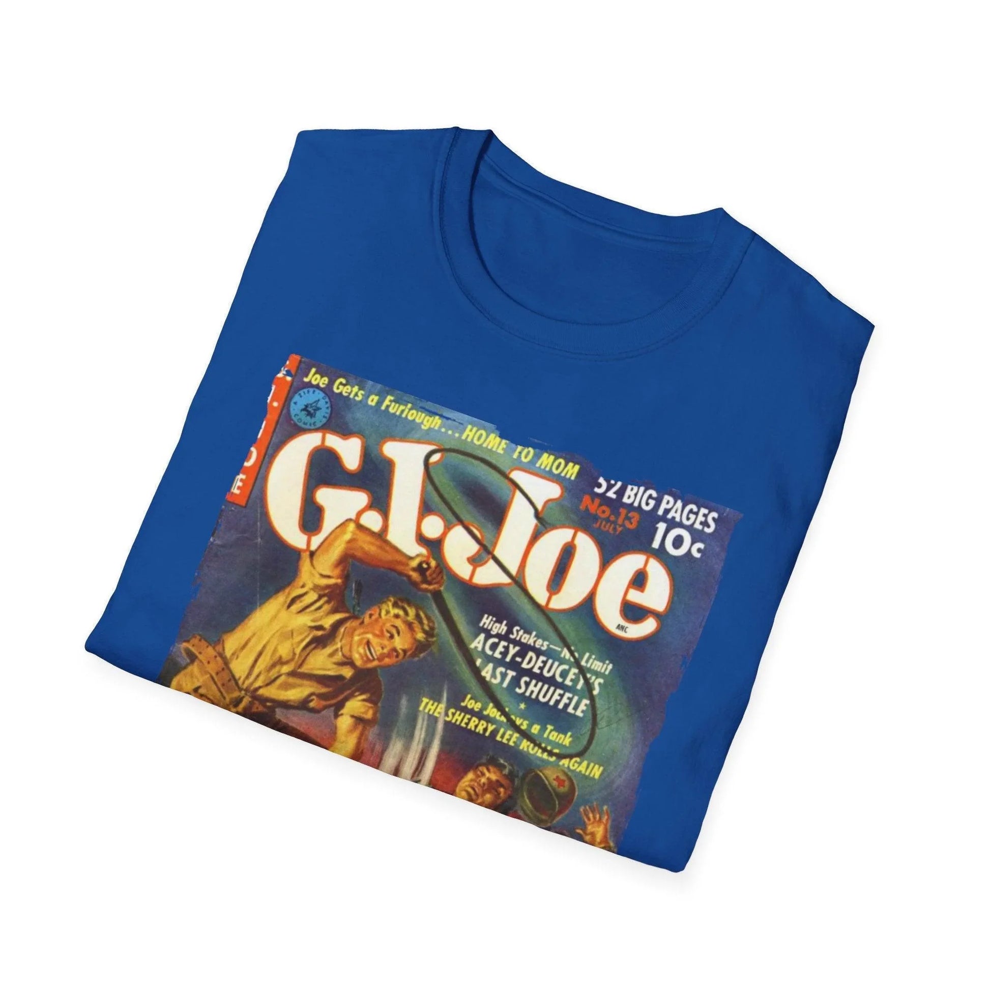 Close-up of the G.I. Joe No.13 July T-shirt fabric revealing soft cotton blend and subtle heather texture from a front angle