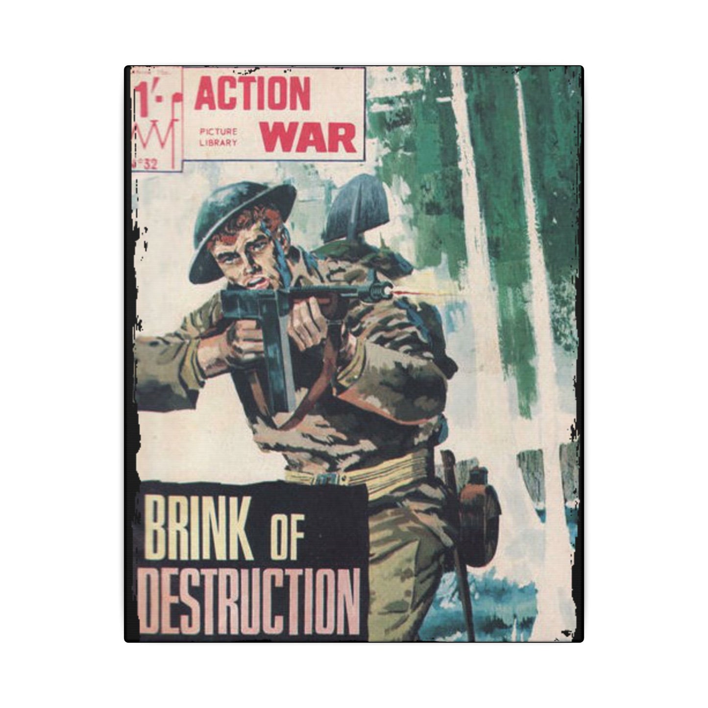 Close-up of the textured canvas surface highlighting detailed brushstroke patterns and vibrant color accents from Action War