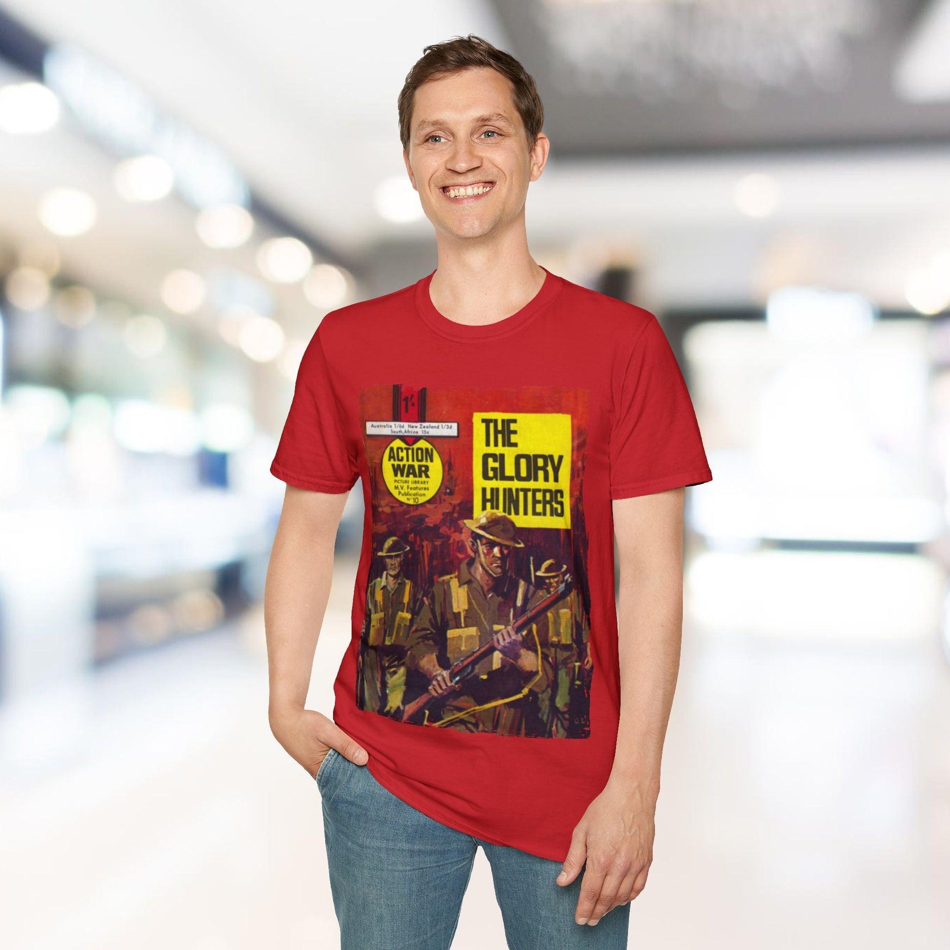 Close-up of the unisex softstyle fabric showing smooth, relaxed fit in vibrant red with visible fine cotton weave and subtle