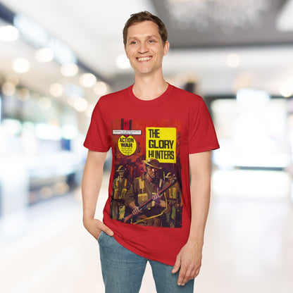 Close-up of the unisex softstyle fabric showing smooth, relaxed fit in vibrant red with visible fine cotton weave and subtle