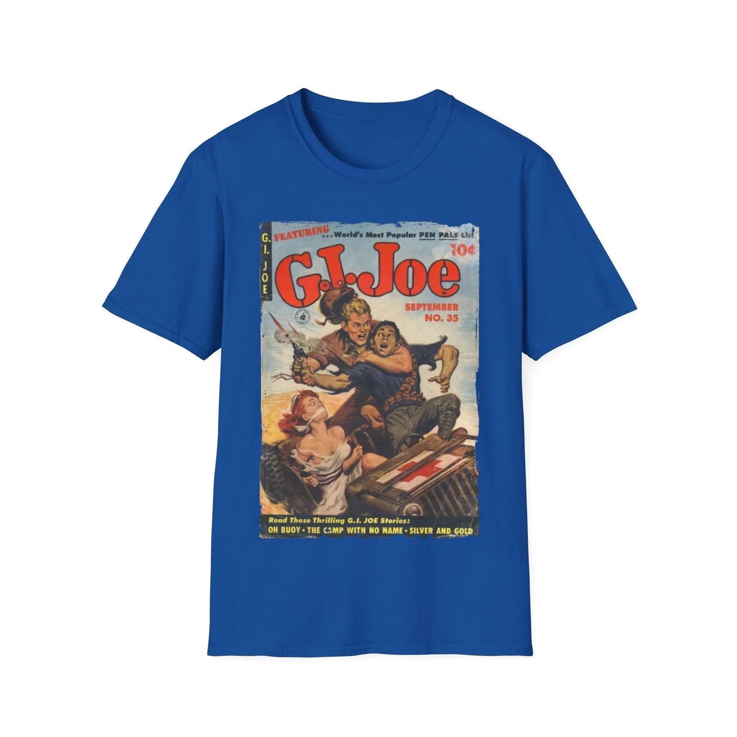 Close-up of the G.I. Joe No.35 T-shirt fabric showing soft cotton blend texture and subtle heathered light blue colorfrom a