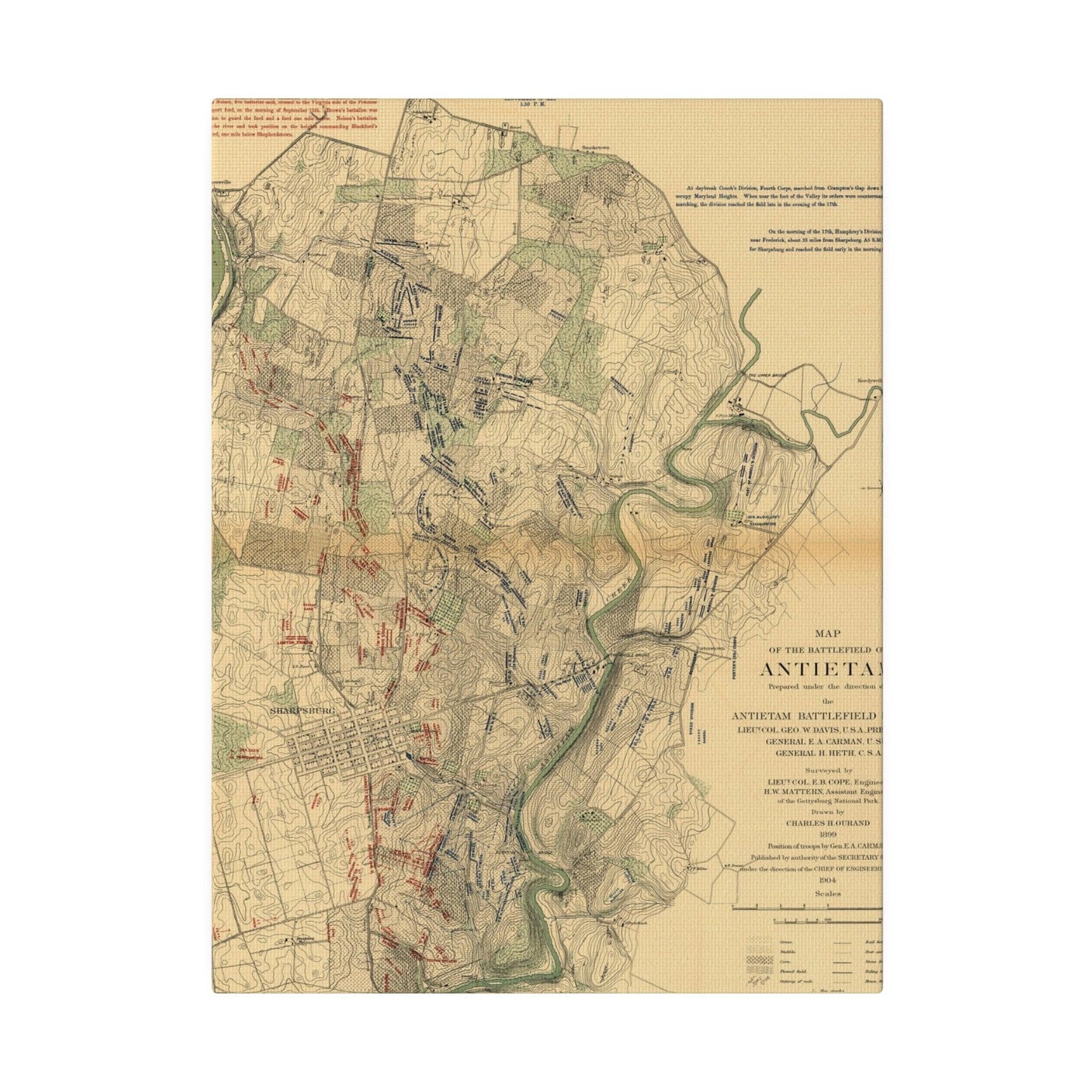 Close-up of textured canvas surface highlighting detailed brushstrokes and aged coloration of the Civil War battlefield