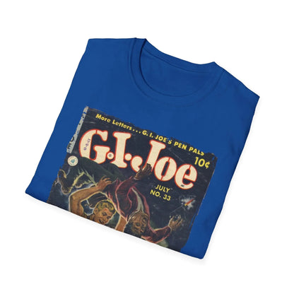 Close-up of the G.I. Joe No.33 unisex softstyle T-shirt’s navy fabric, revealing the smooth cotton blend and subtle texture
