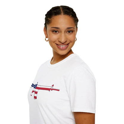Close-up of the AR American Flag colored fabric showing the soft cotton blend texture and detailed stitched neckline
