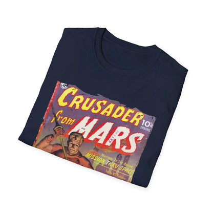 Close-up of the Crusader from Mars 1 T-shirt hem featuring a double-stitched seam and relaxed fit in dark green cotton