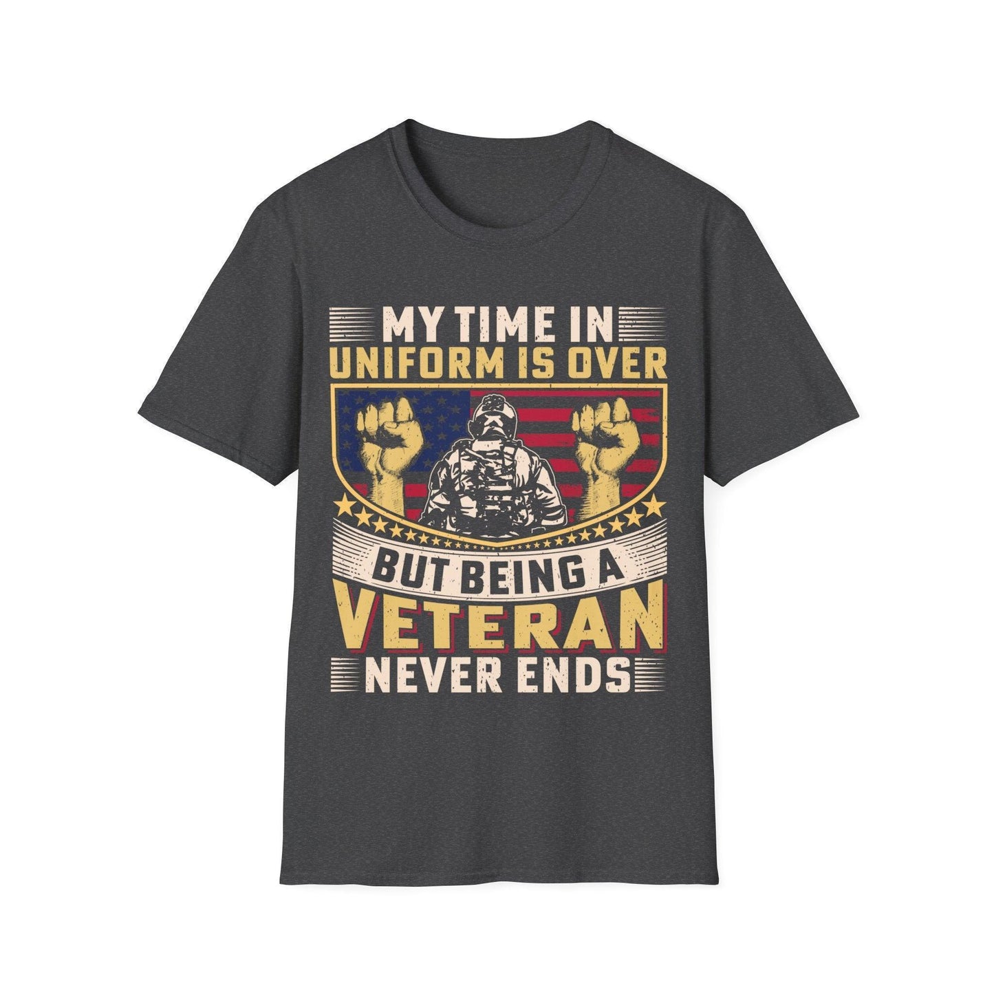 Close-up of the unisex softstyle cotton fabric and relaxed neckline showcasing the "Being A Veteran Never Ends" design