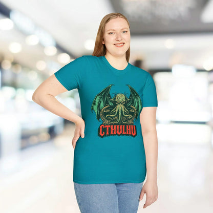 Close-up of the Cthulhu graphic on the chest, showcasing detailed dark teal ink and smooth softstyle fabric texture of the