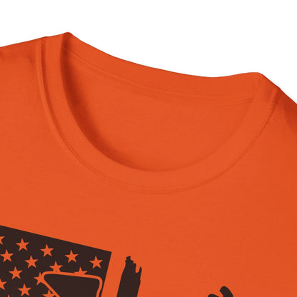 Close-up of distressed black and white American flag print on the front chest area of the relaxed fit unisex T-shirt