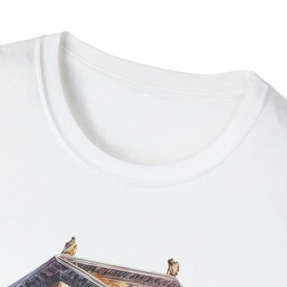 Close-up of the unisex soft cotton fabric showing the relaxed fit and subtle heather gray color from the lower front angle.