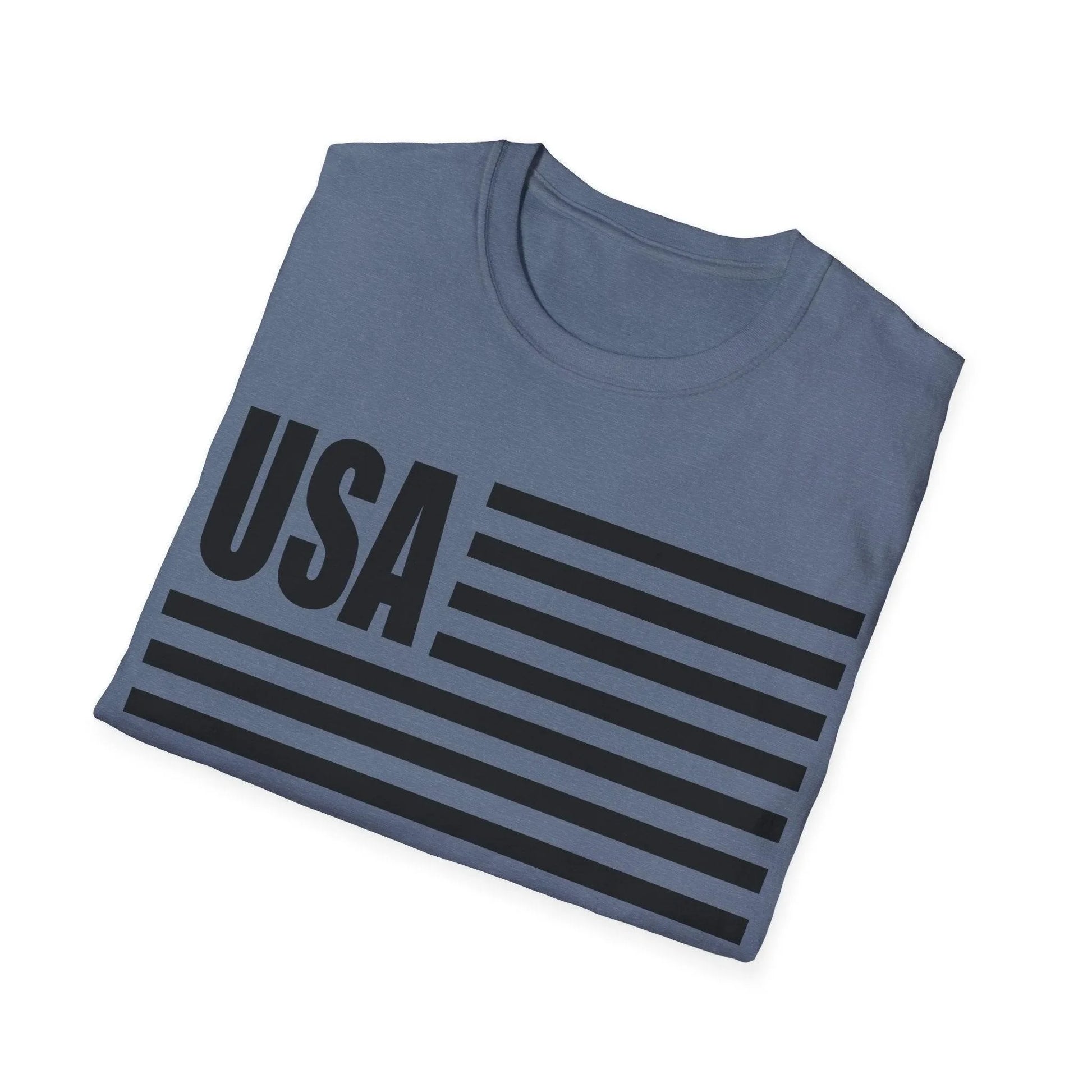 Close-up of the American Flag USA B&W T-Shirt's white neckline and black sleeve cuff, highlighting soft cotton fabric and