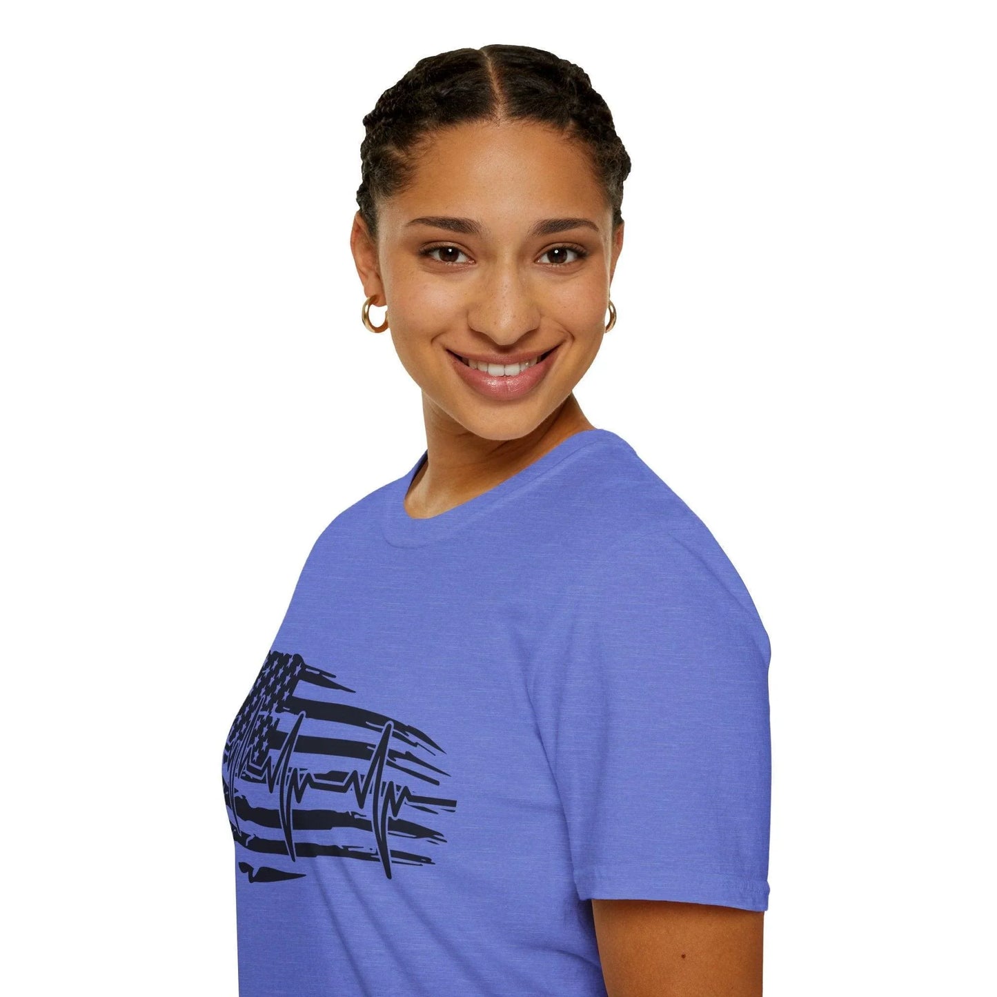 Close-up of the black distressed flag heartbeat graphic on the front, showcasing textured print details on the unisex