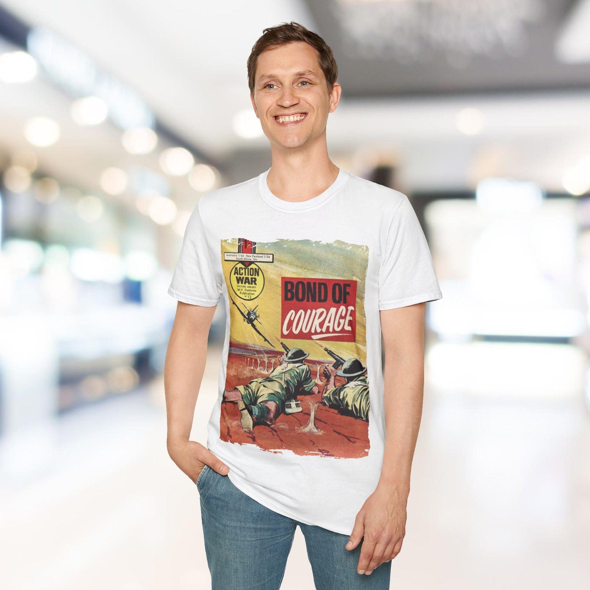 Close-up of the unisex softstyle fabric highlighting the smooth matte texture and reinforced stitched neckline detail