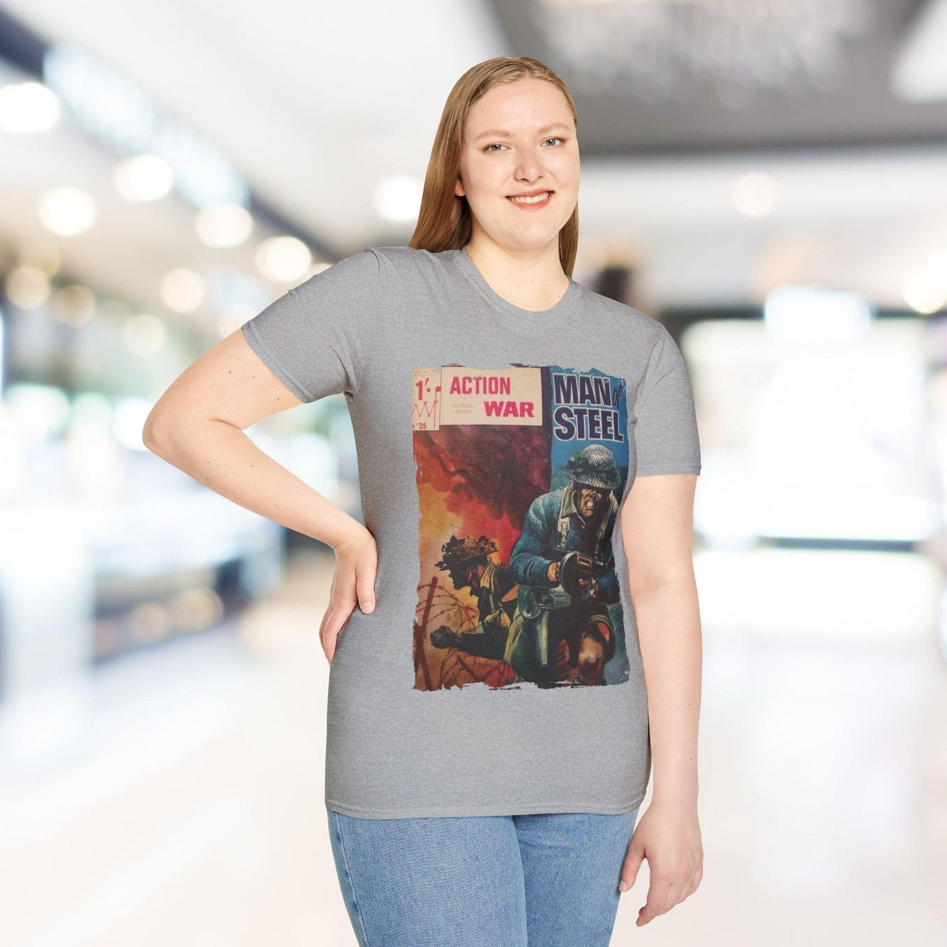 Close-up of the unisex softstyle T-shirt's fabric texture, featuring a relaxed fit in dark navy with visible stitching at