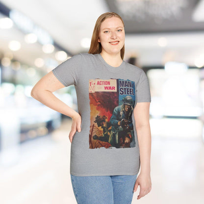 Close-up of the unisex softstyle T-shirt's fabric texture, featuring a relaxed fit in dark navy with visible stitching at