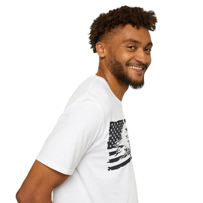 Close-up of distressed black-and-white American flag pattern on soft cotton fabric showcasing vintage texture and faded