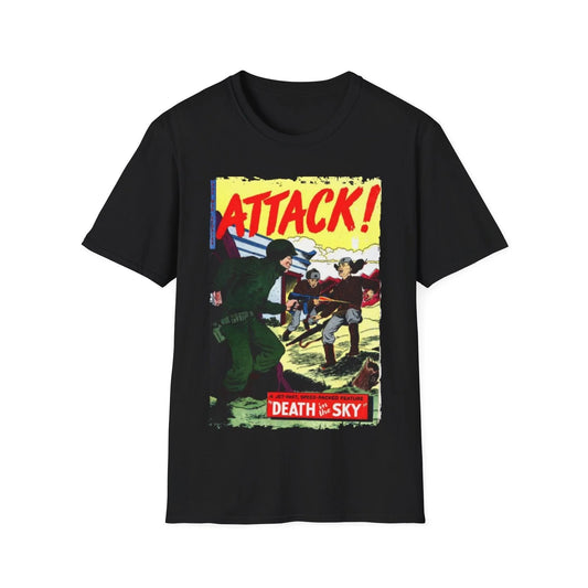 Printify Attack! No. 7 unisex softstyle cotton T-shirt with crew neck, regular fit, black color, DTG print, short sleeves